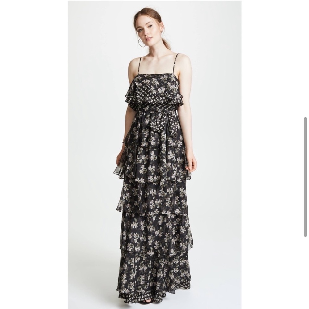 NWT Jill Stuart Kiera floral ruffle tiered gown maxi dress black formal boho